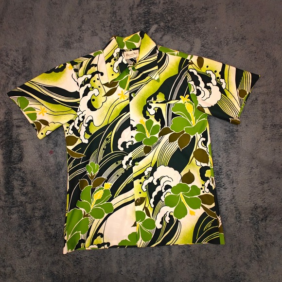 Hawaii Nei Other - Vintage 1960s Hawaii Nei Honolulu Green Floral Aloha Shirt Big Collar Mens S/M